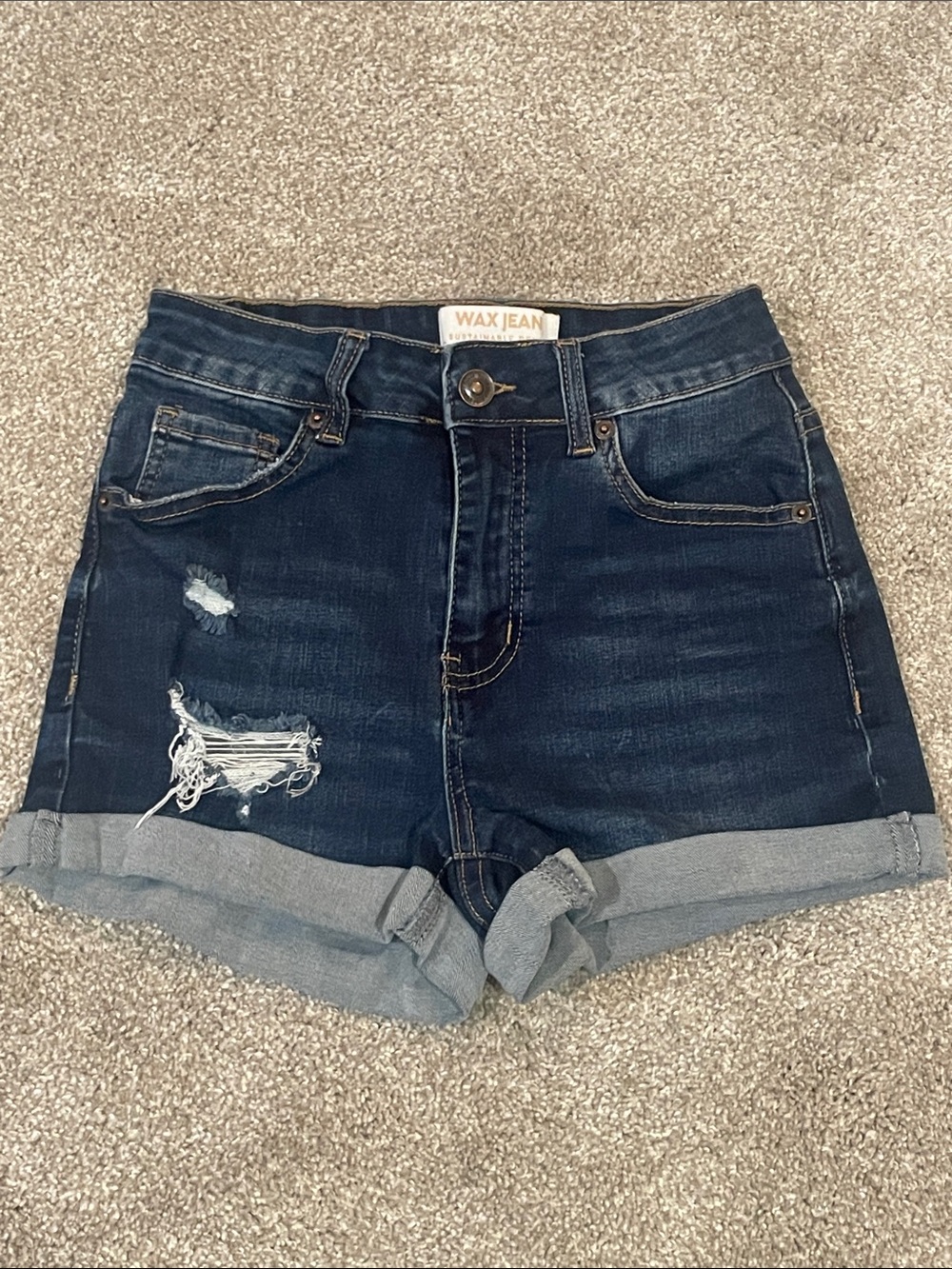 Wax Jean Dark Indigo Distressed Rolled Hem Sustainable Denim Shorts S